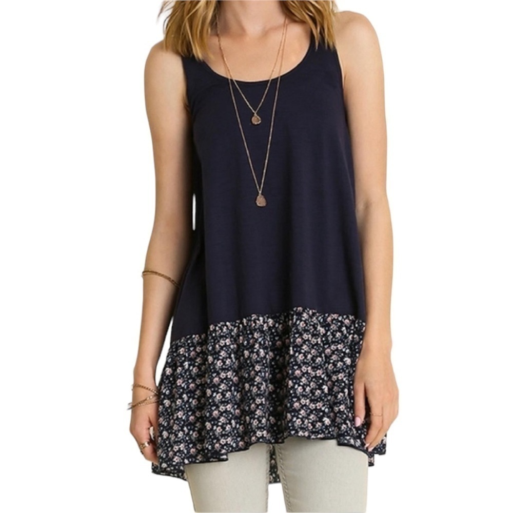 Umgee Racerback Boho Floral Hem Flowy Tunic
